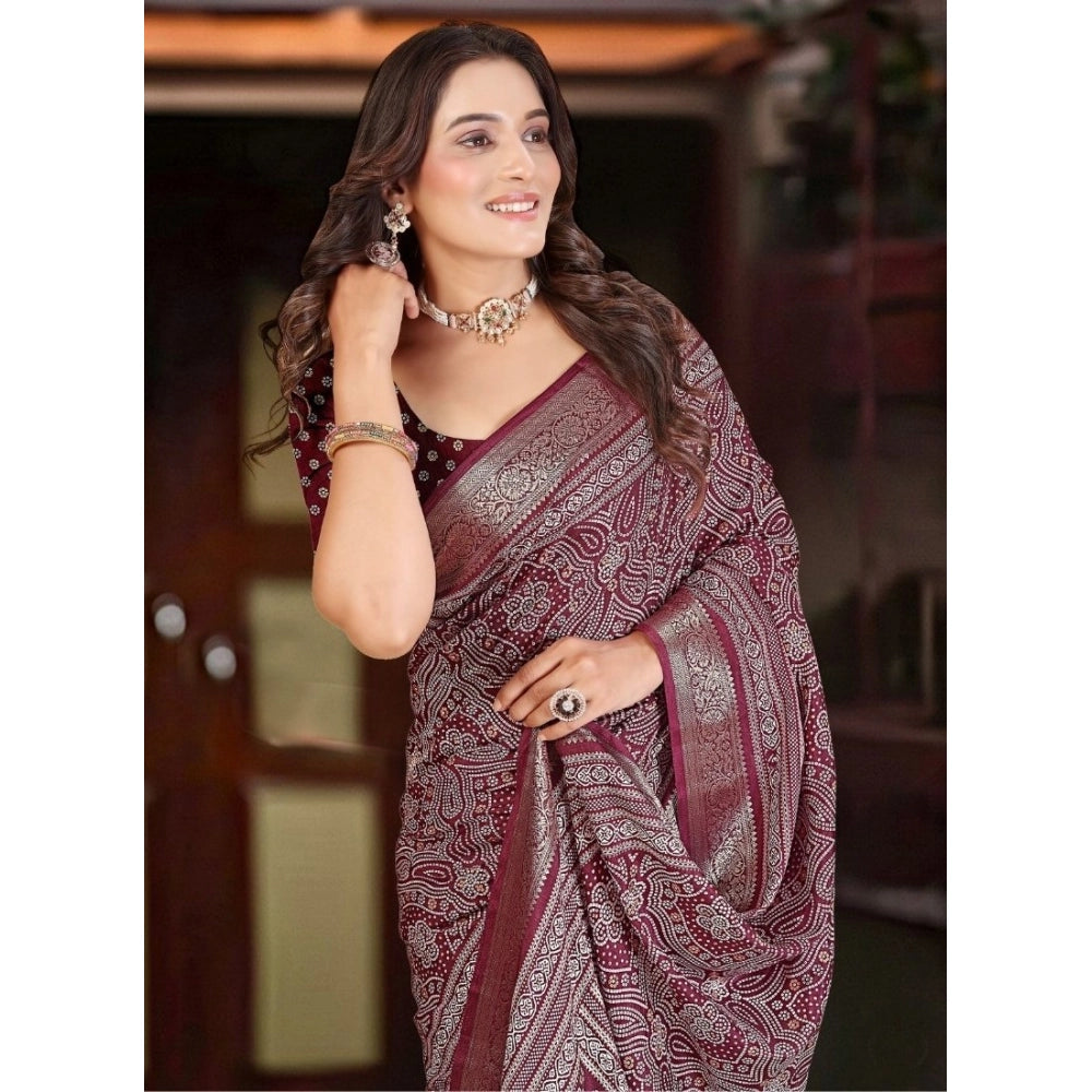Women's Cotton Silk Floral Printed Saree With Unstitched Blouse 5.5Mtr (Maroon)