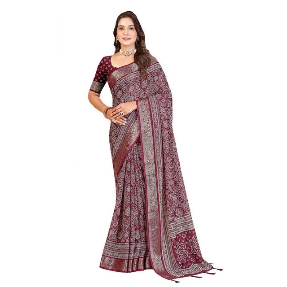 Women's Cotton Silk Floral Printed Saree With Unstitched Blouse 5.5Mtr (Maroon)