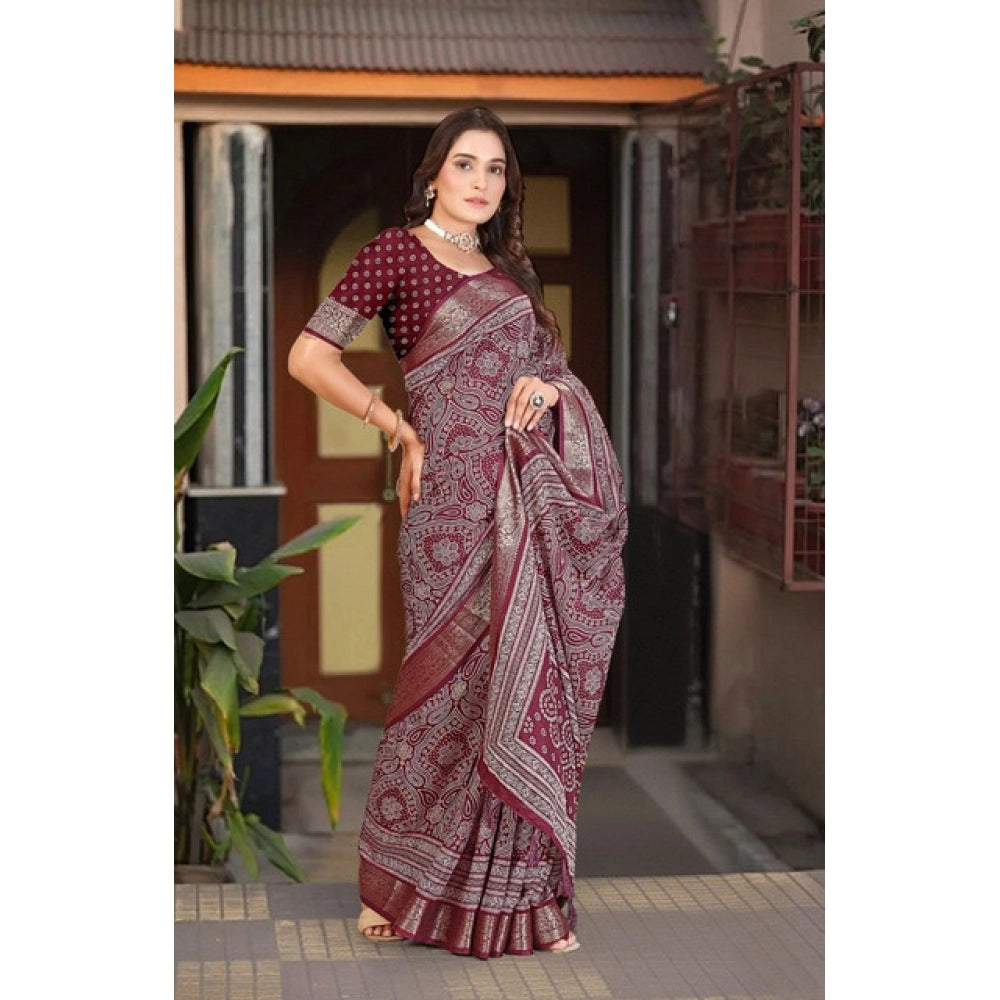 Women's Cotton Silk Floral Printed Saree With Unstitched Blouse 5.5Mtr (Maroon)