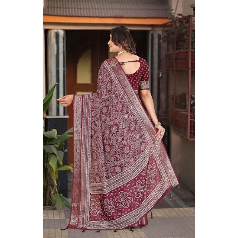 Women's Cotton Silk Floral Printed Saree With Unstitched Blouse 5.5Mtr (Maroon)