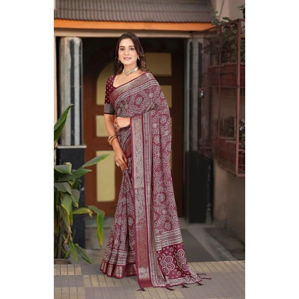 Women's Cotton Silk Floral Printed Saree With Unstitched Blouse 5.5Mtr (Maroon)