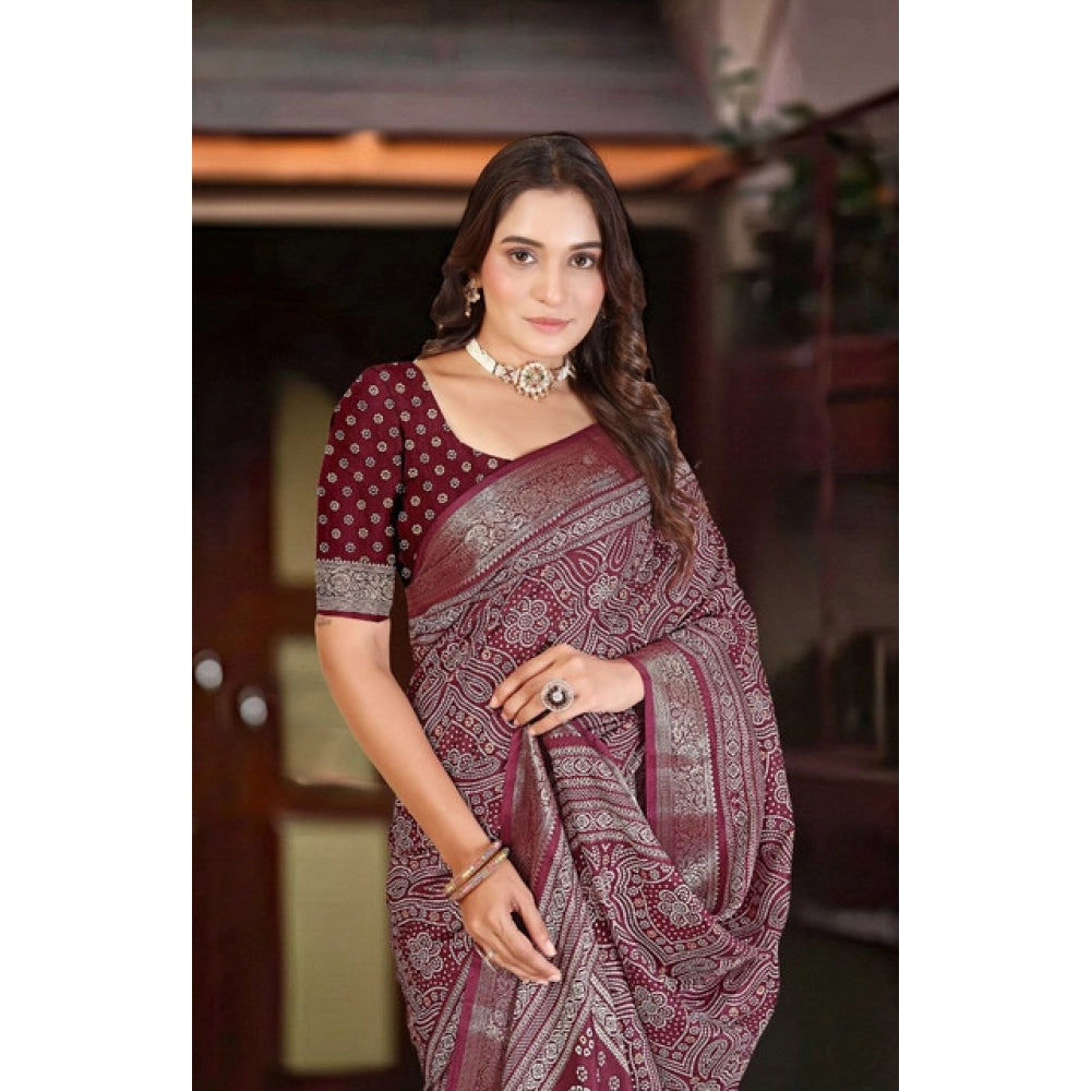 Women's Cotton Silk Floral Printed Saree With Unstitched Blouse 5.5Mtr (Maroon)