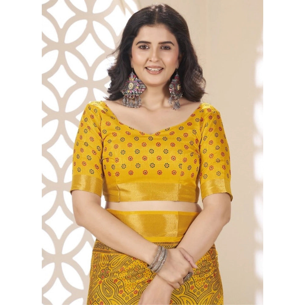 Women's Cotton Silk Floral Printed Saree With Unstitched Blouse 5.5Mtr (Yellow)