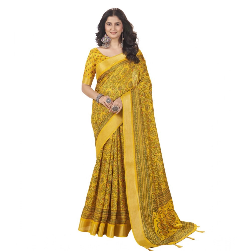 Women's Cotton Silk Floral Printed Saree With Unstitched Blouse 5.5Mtr (Yellow)