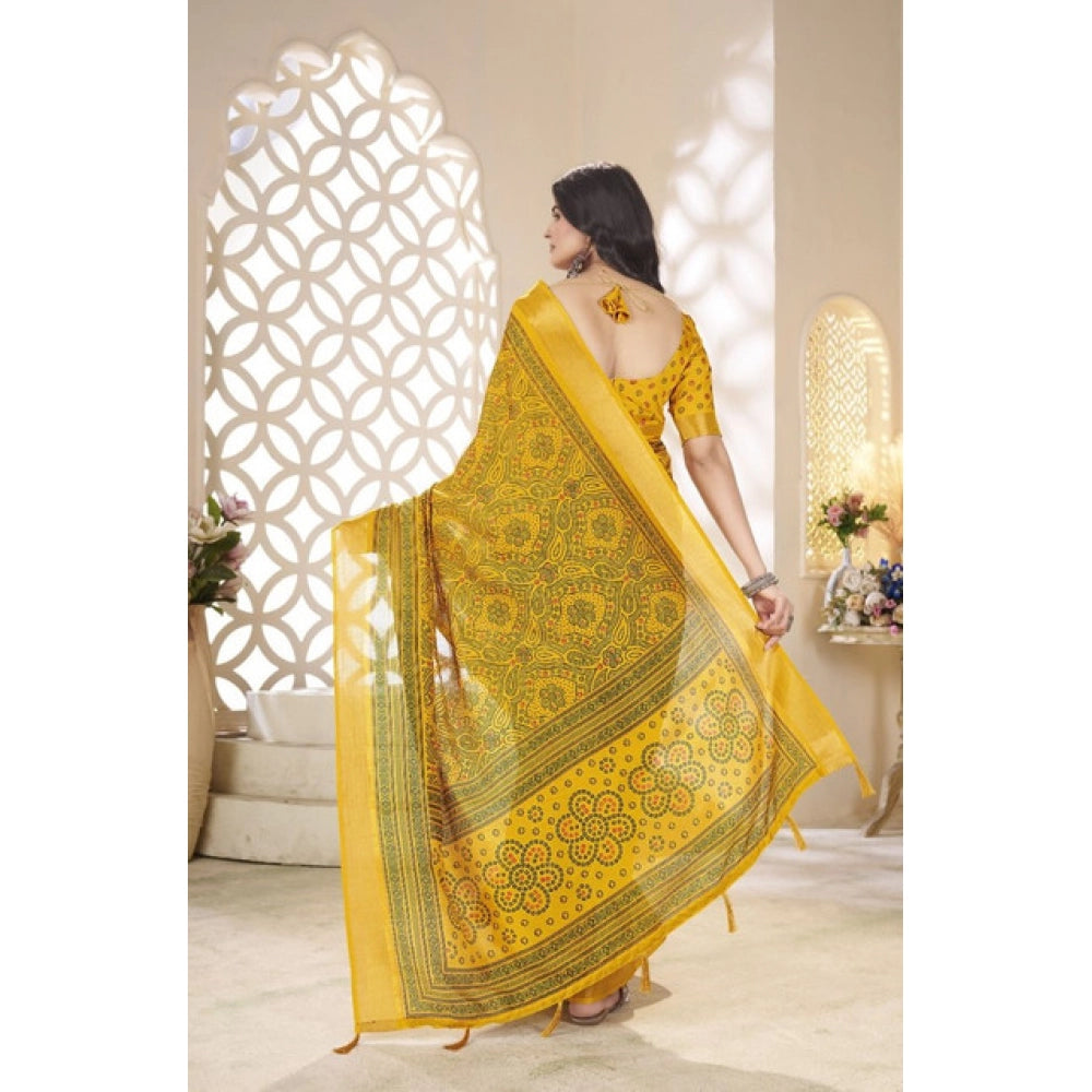Women's Cotton Silk Floral Printed Saree With Unstitched Blouse 5.5Mtr (Yellow)