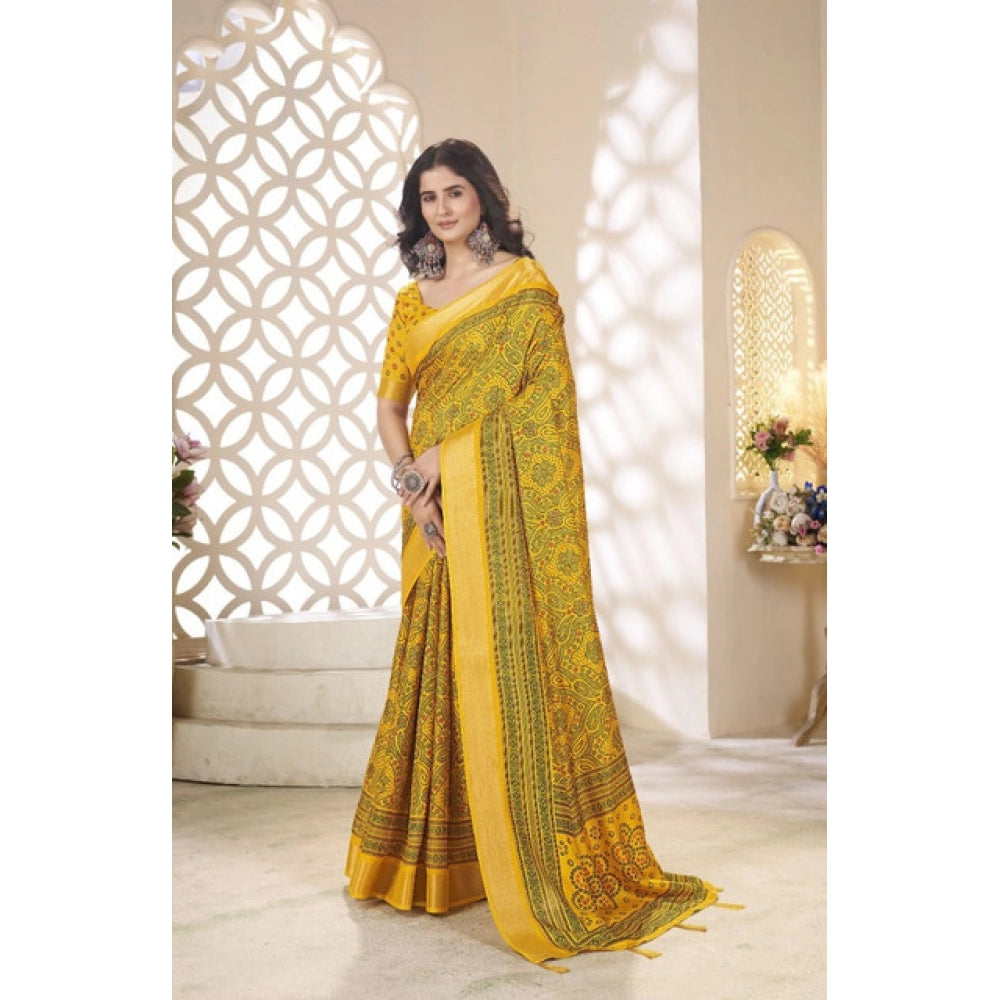 Women's Cotton Silk Floral Printed Saree With Unstitched Blouse 5.5Mtr (Yellow)