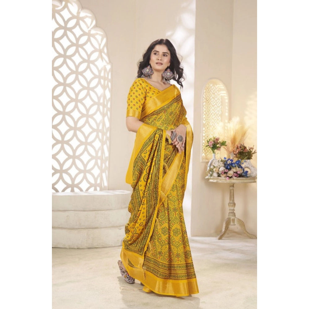 Women's Cotton Silk Floral Printed Saree With Unstitched Blouse 5.5Mtr (Yellow)