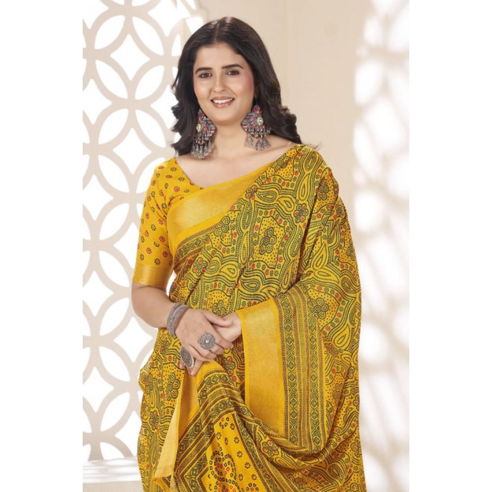 Women's Cotton Silk Floral Printed Saree With Unstitched Blouse 5.5Mtr (Yellow)