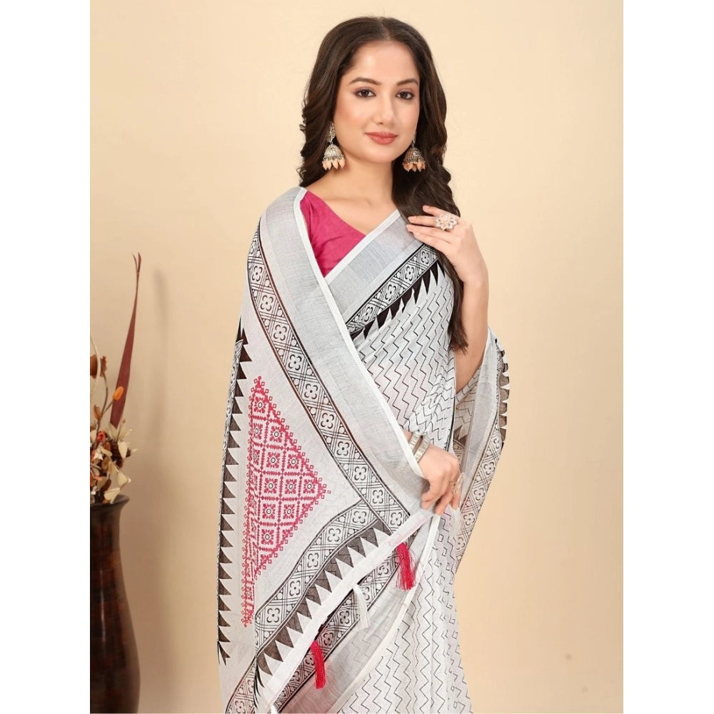 Women's Linen Printed Saree With Unstitched Blouse 5.5Mtr (Multicolor)