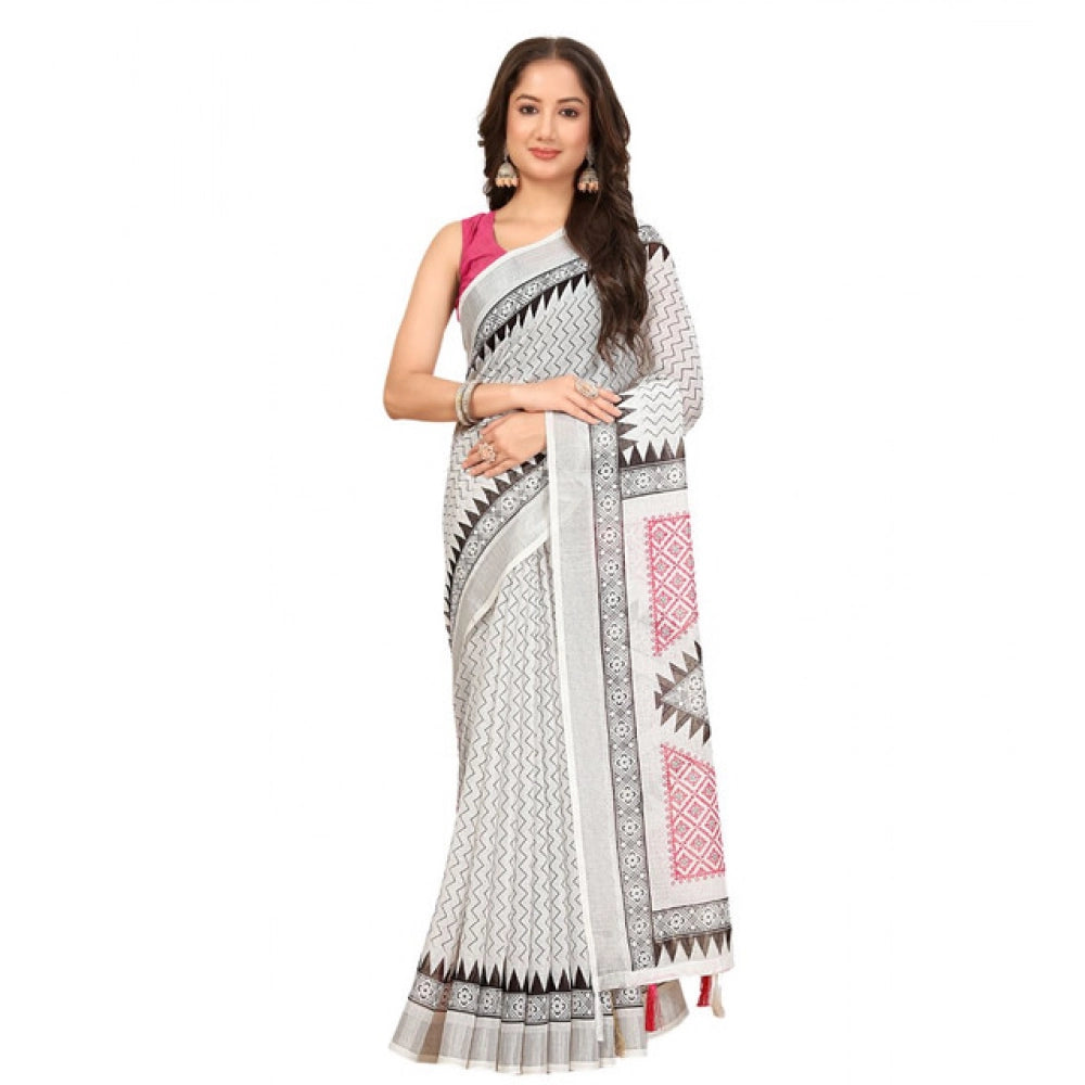Women's Linen Printed Saree With Unstitched Blouse 5.5Mtr (Multicolor)