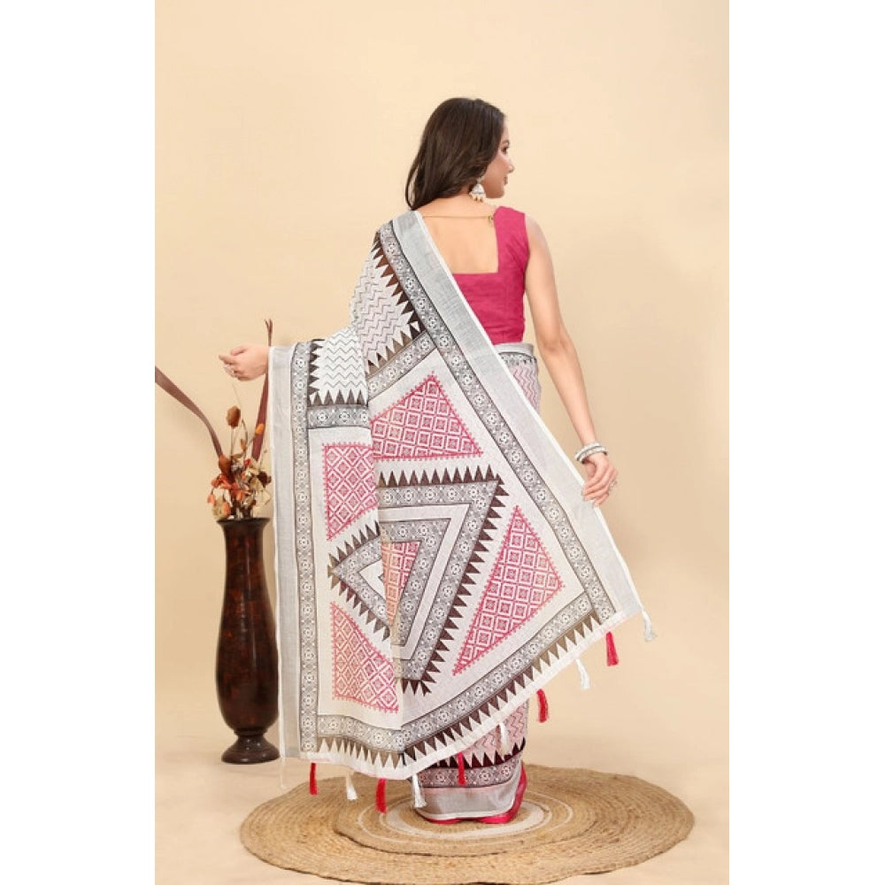 Women's Linen Printed Saree With Unstitched Blouse 5.5Mtr (Multicolor)