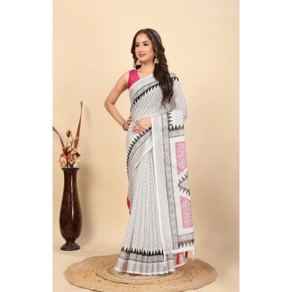 Women's Linen Printed Saree With Unstitched Blouse 5.5Mtr (Multicolor)