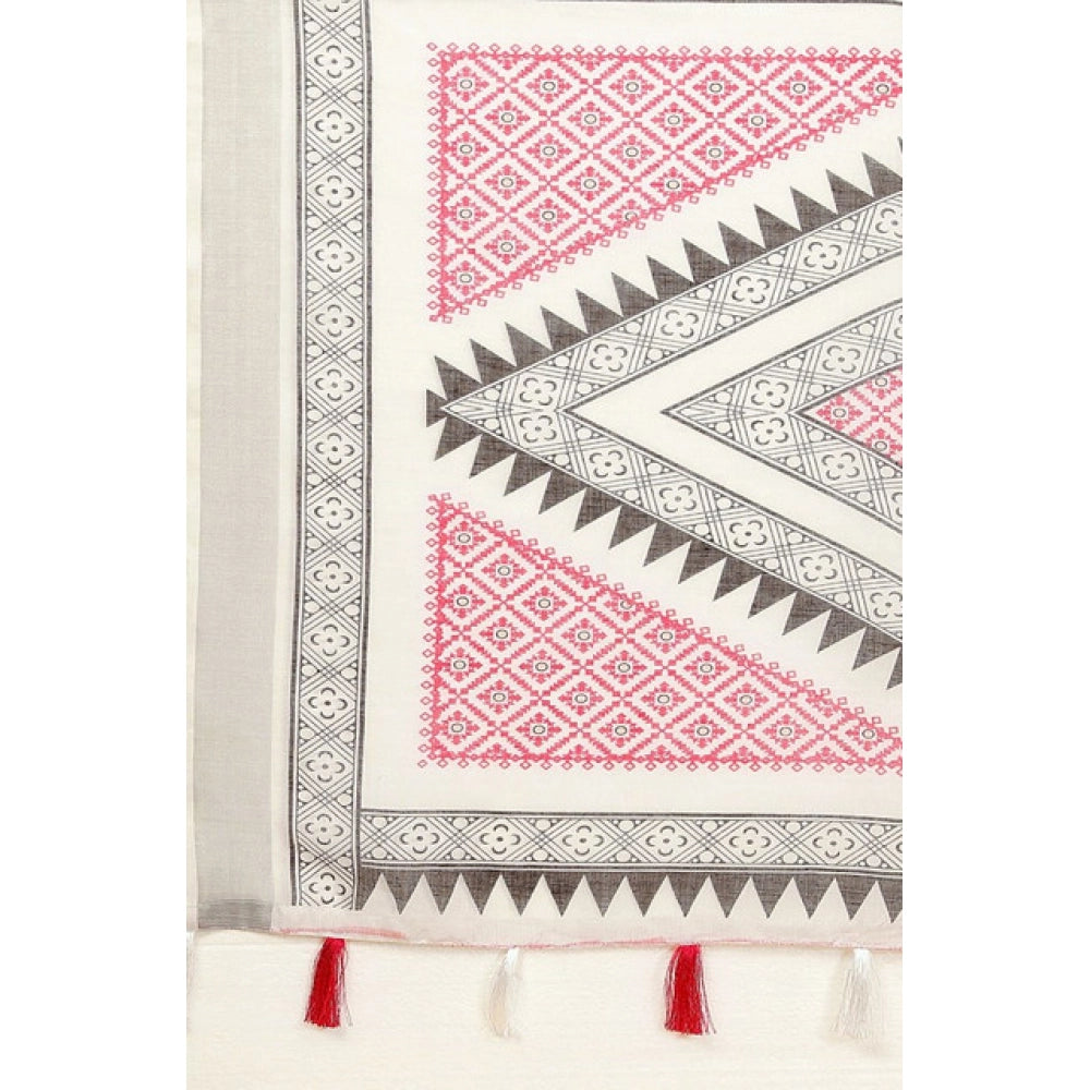 Women's Linen Printed Saree With Unstitched Blouse 5.5Mtr (Multicolor)