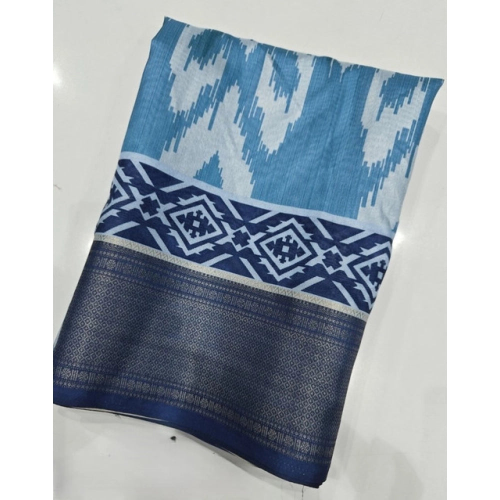 Women's Cotton Silk Printed Saree With Unstitched Blouse 5.5Mtr (Blue)