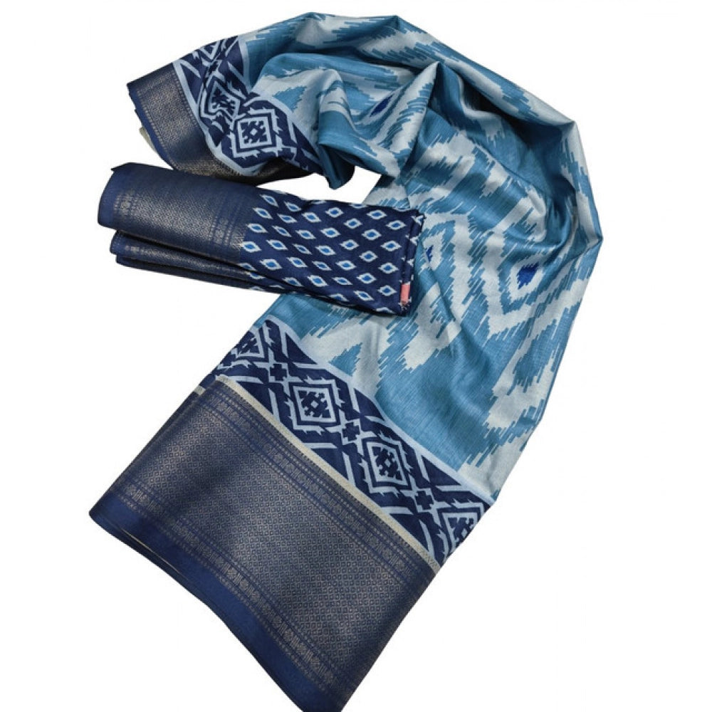 Women's Cotton Silk Printed Saree With Unstitched Blouse 5.5Mtr (Blue)