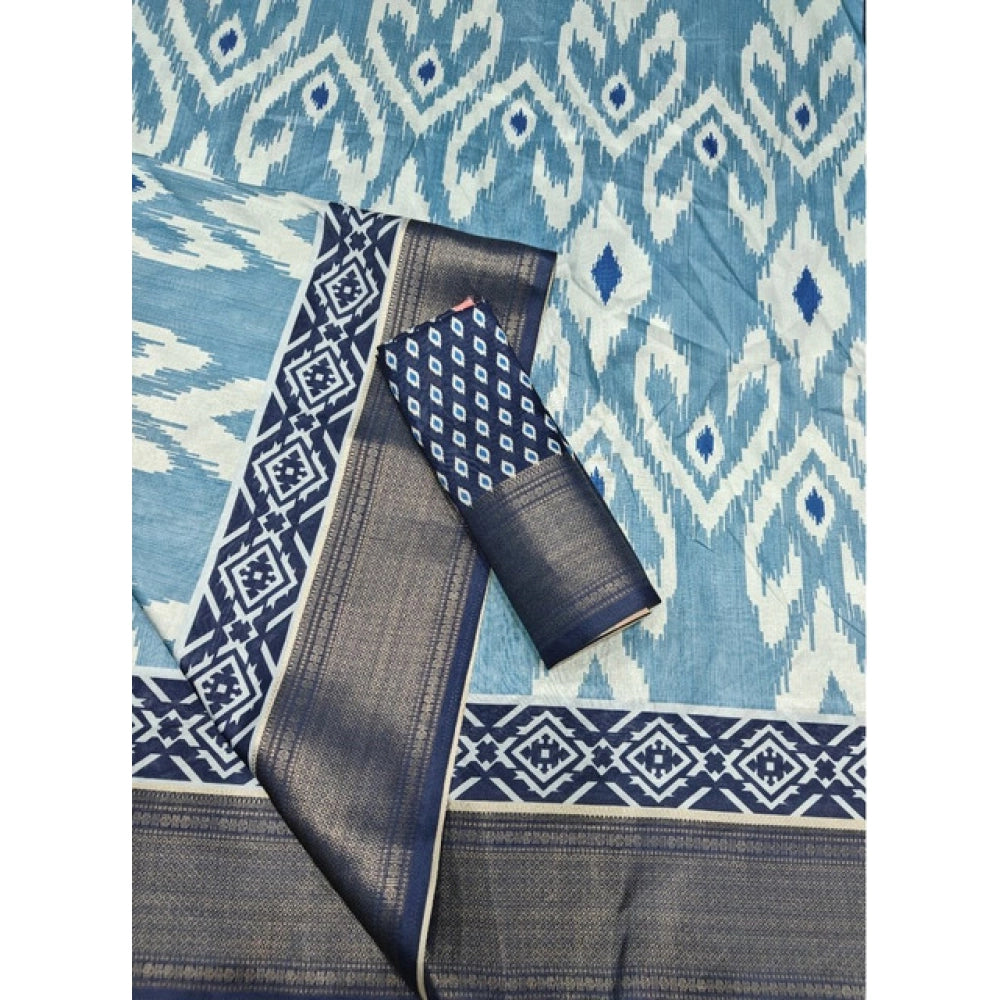 Women's Cotton Silk Printed Saree With Unstitched Blouse 5.5Mtr (Blue)