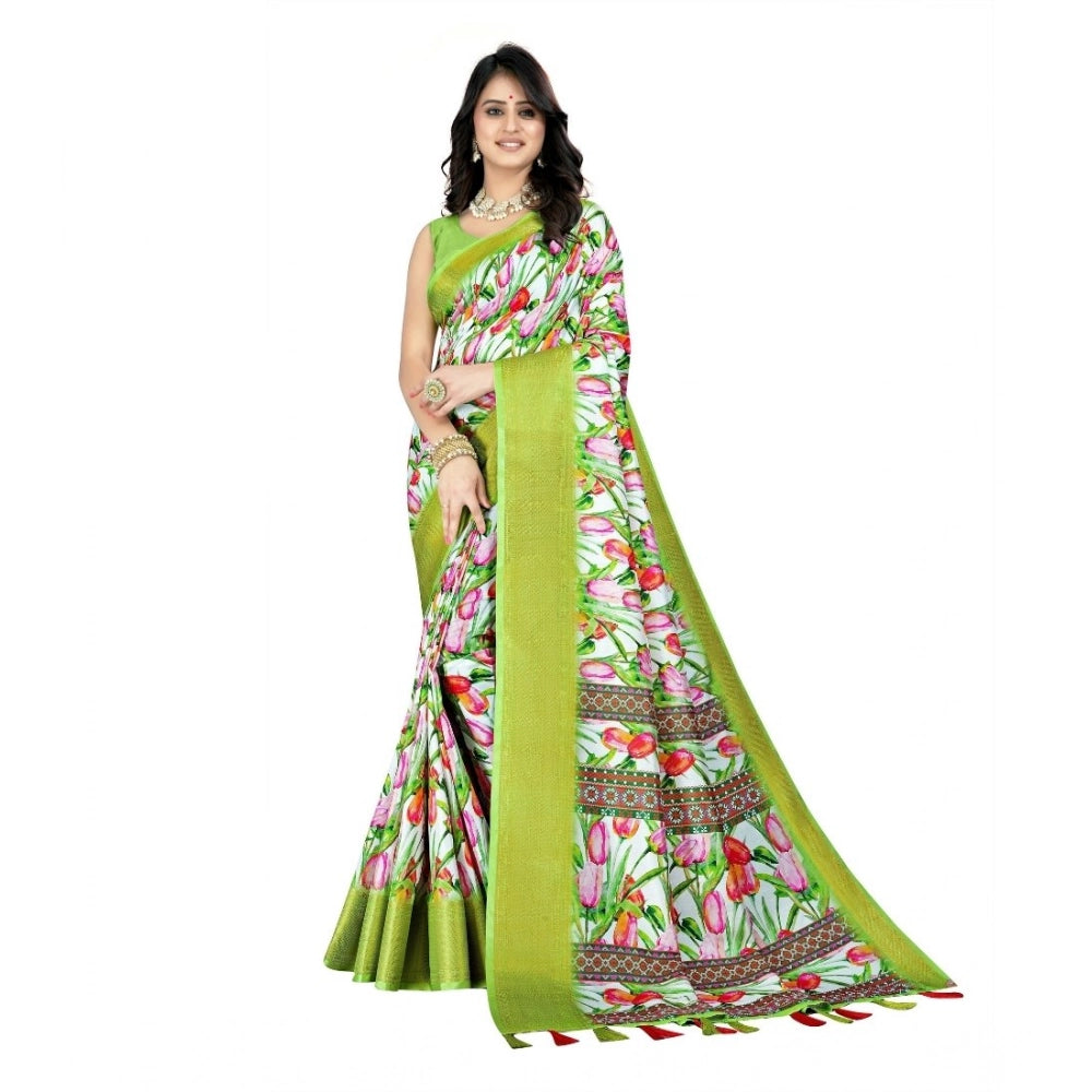 Women's Cotton Silk Floral Printed Saree With Unstitched Blouse 5.5Mtr (Green-White)