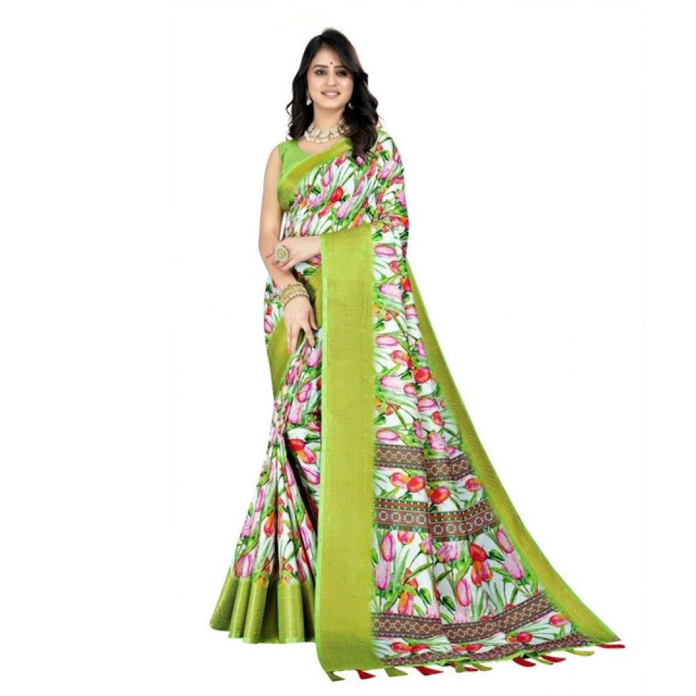 Women's Cotton Silk Floral Printed Saree With Unstitched Blouse 5.5Mtr (Green-White)