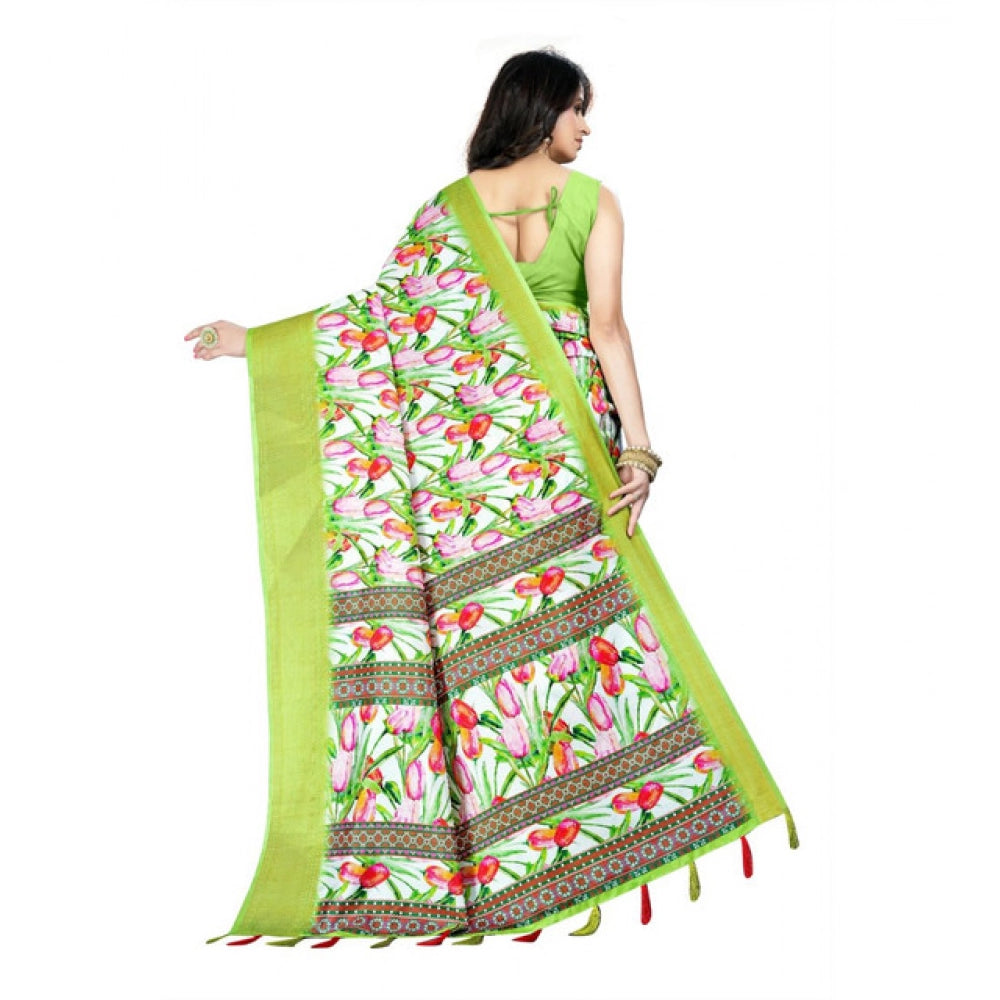 Women's Cotton Silk Floral Printed Saree With Unstitched Blouse 5.5Mtr (Green-White)