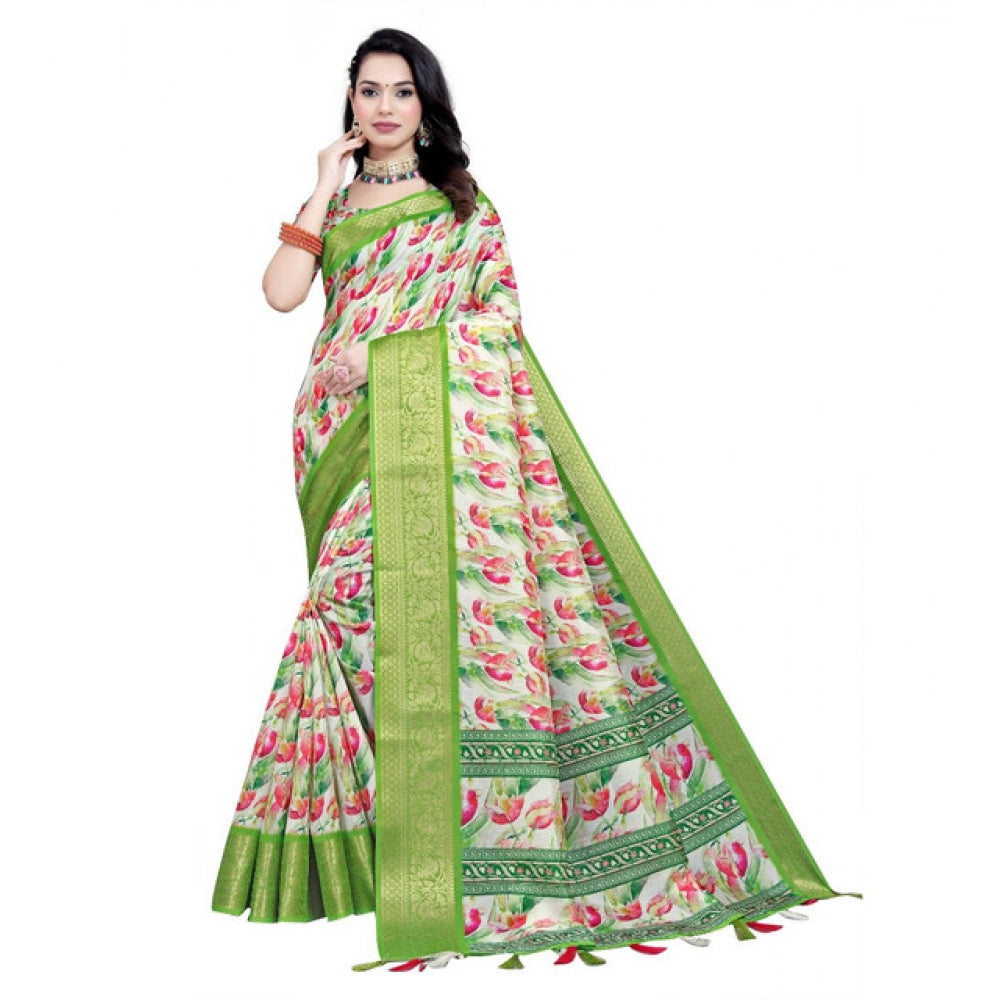 Women's Cotton Silk Floral Printed Saree With Unstitched Blouse 5.5Mtr (Green-White)