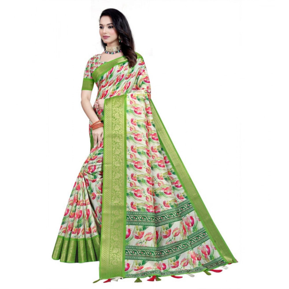 Women's Cotton Silk Floral Printed Saree With Unstitched Blouse 5.5Mtr (Green-White)