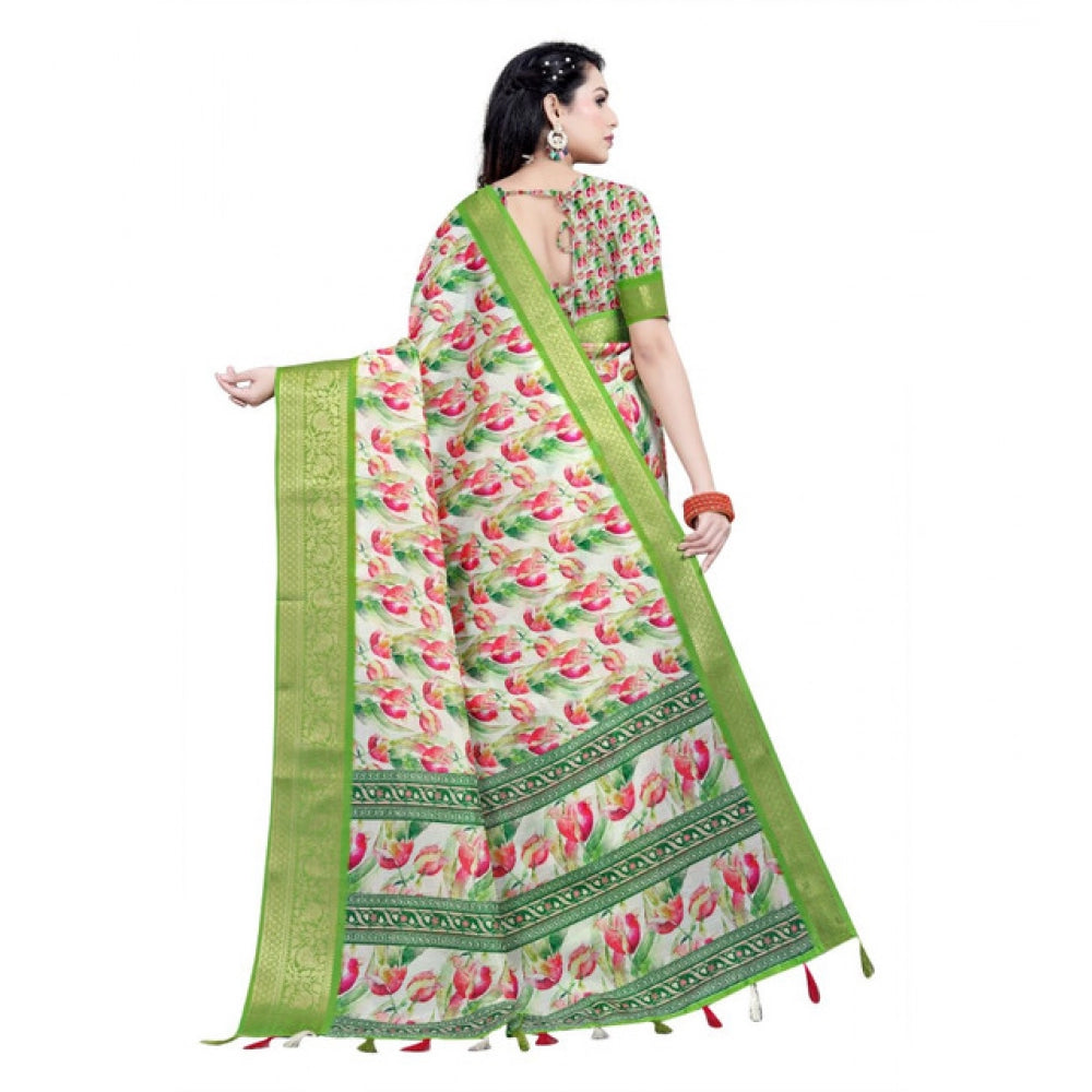 Women's Cotton Silk Floral Printed Saree With Unstitched Blouse 5.5Mtr (Green-White)