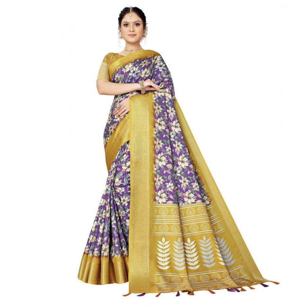 Women's Cotton Silk Floral Printed Saree With Unstitched Blouse 5.5Mtr (Purple)