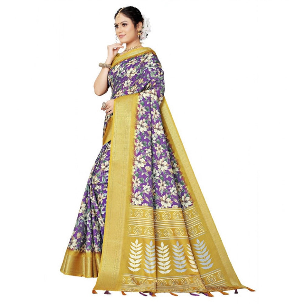 Women's Cotton Silk Floral Printed Saree With Unstitched Blouse 5.5Mtr (Purple)
