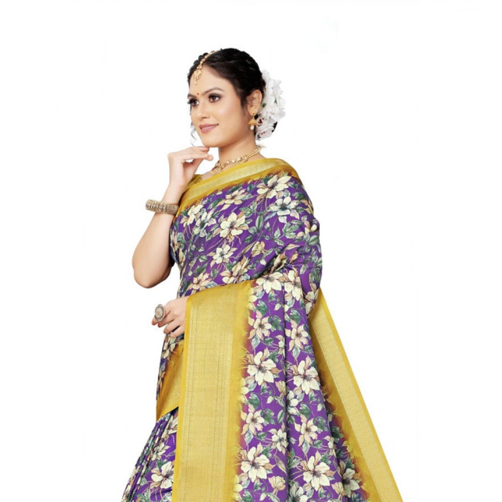 Women's Cotton Silk Floral Printed Saree With Unstitched Blouse 5.5Mtr (Purple)
