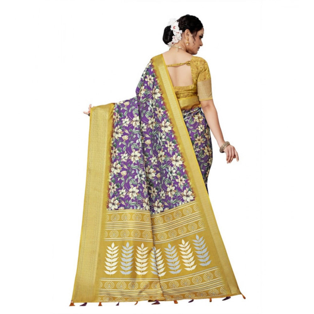 Women's Cotton Silk Floral Printed Saree With Unstitched Blouse 5.5Mtr (Purple)