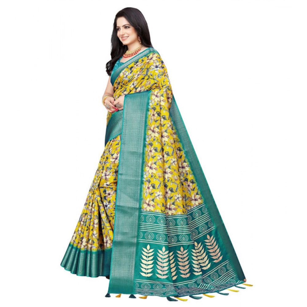 Women's Cotton Silk Floral Printed Saree With Unstitched Blouse 5.5Mtr (Yellow)