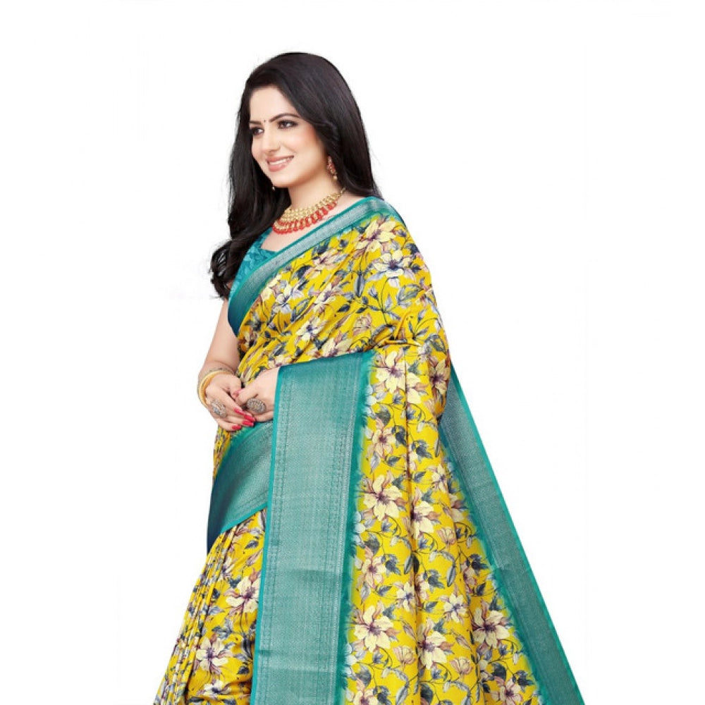 Women's Cotton Silk Floral Printed Saree With Unstitched Blouse 5.5Mtr (Yellow)