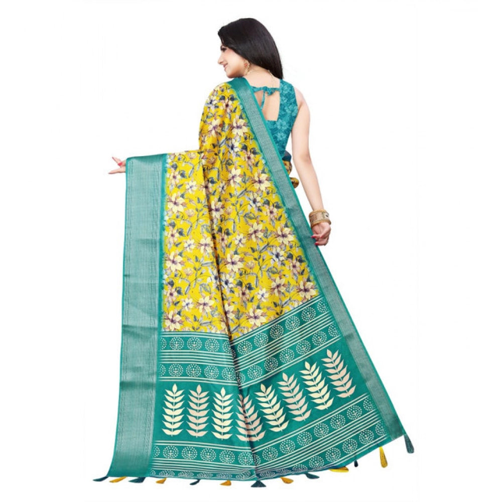 Women's Cotton Silk Floral Printed Saree With Unstitched Blouse 5.5Mtr (Yellow)