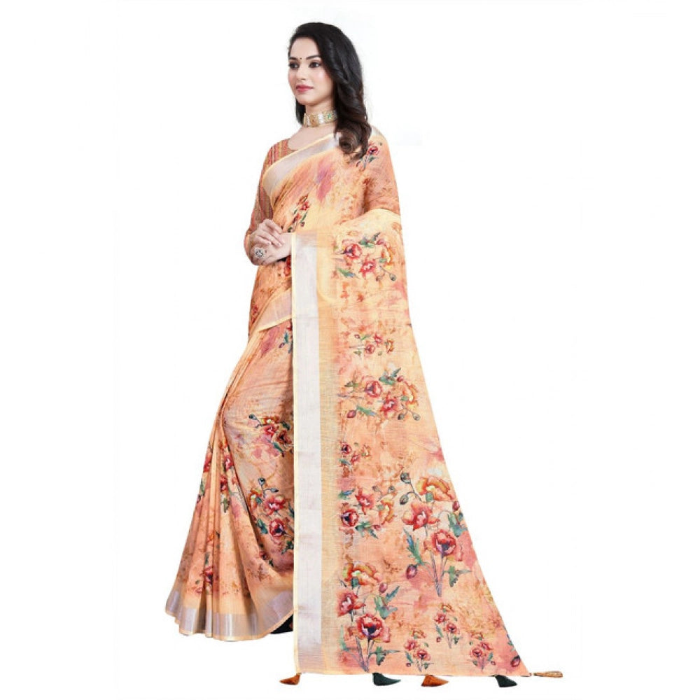 Women's Cotton Silk Floral Printed Saree With Unstitched Blouse 5.5Mtr (Peach)