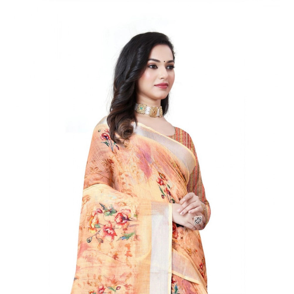 Women's Cotton Silk Floral Printed Saree With Unstitched Blouse 5.5Mtr (Peach)