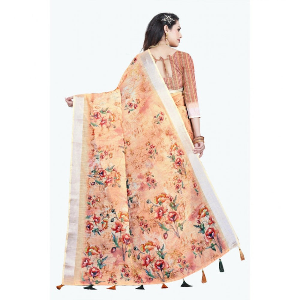 Women's Cotton Silk Floral Printed Saree With Unstitched Blouse 5.5Mtr (Peach)