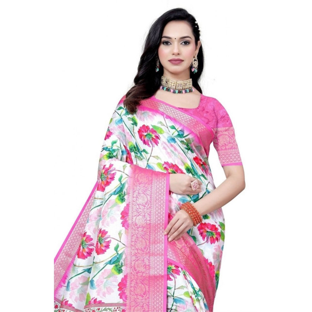 Women's Cotton Silk Floral Printed Saree With Unstitched Blouse 5.5Mtr (Pink-White)