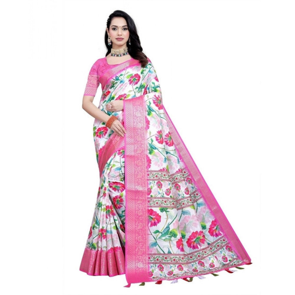 Women's Cotton Silk Floral Printed Saree With Unstitched Blouse 5.5Mtr (Pink-White)