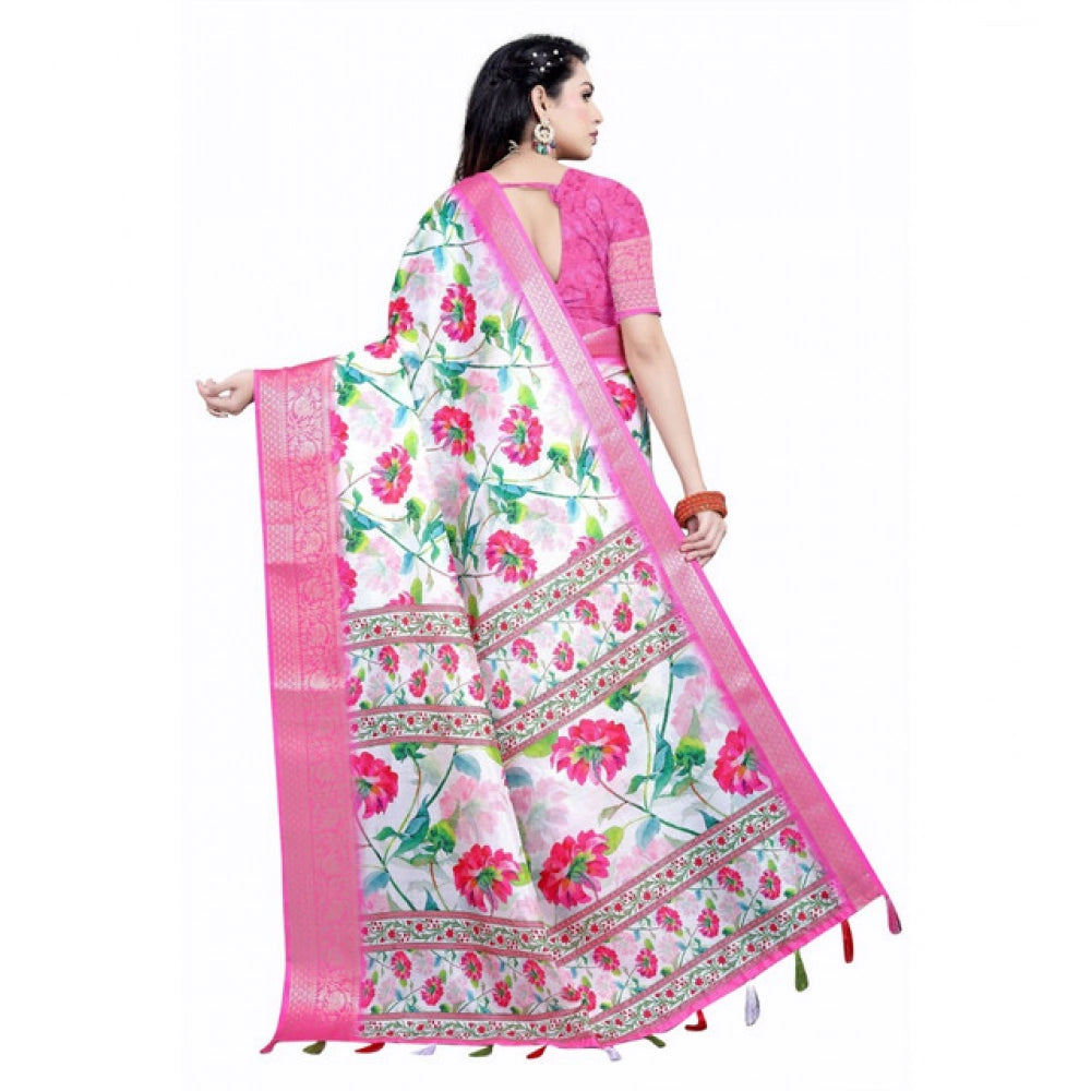 Women's Cotton Silk Floral Printed Saree With Unstitched Blouse 5.5Mtr (Pink-White)