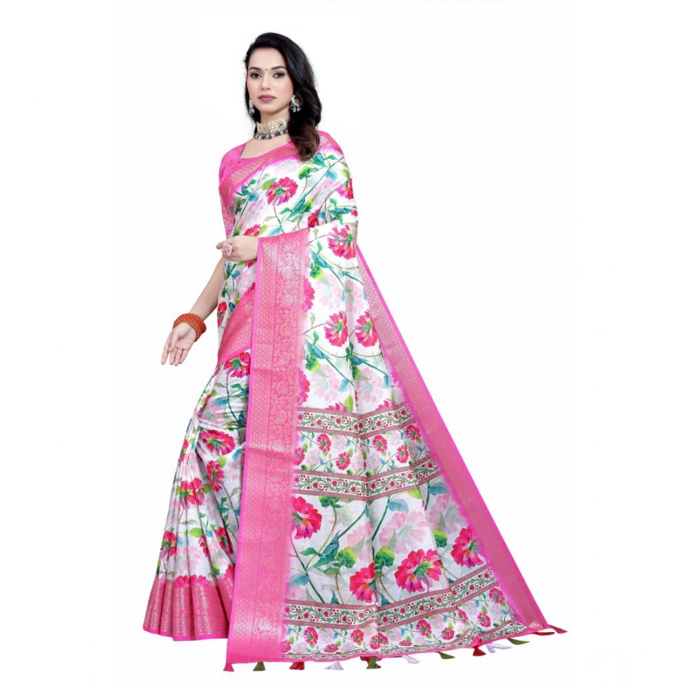 Women's Cotton Silk Floral Printed Saree With Unstitched Blouse 5.5Mtr (Pink-White)