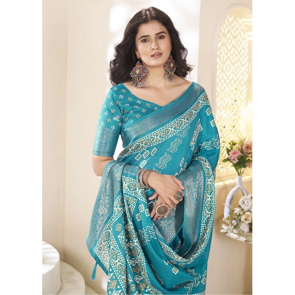 Women's Cotton Silk Printed Saree With Unstitched Blouse 5.5Mtr (Teal)