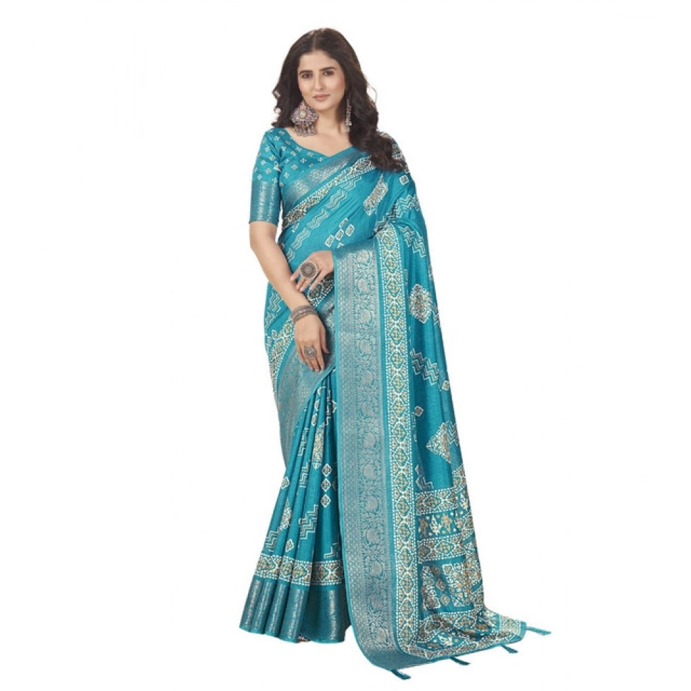 Women's Cotton Silk Printed Saree With Unstitched Blouse 5.5Mtr (Teal)