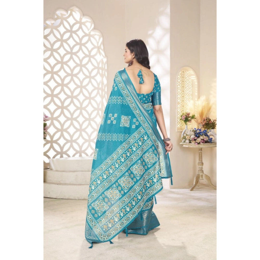 Women's Cotton Silk Printed Saree With Unstitched Blouse 5.5Mtr (Teal)