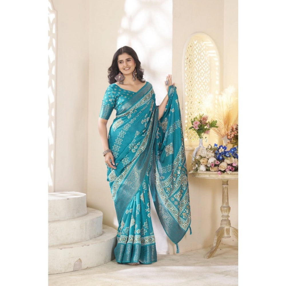 Women's Cotton Silk Printed Saree With Unstitched Blouse 5.5Mtr (Teal)