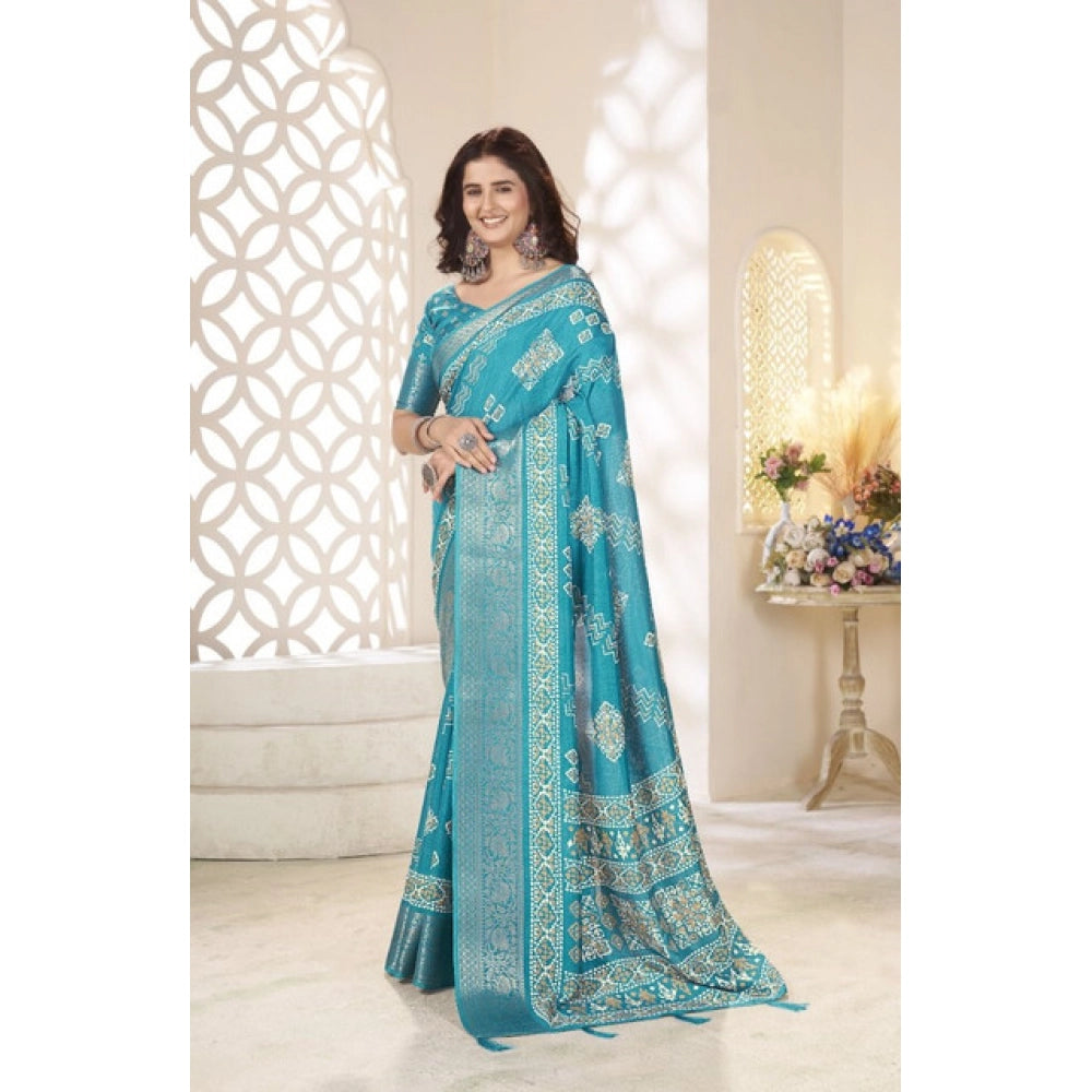 Women's Cotton Silk Printed Saree With Unstitched Blouse 5.5Mtr (Teal)