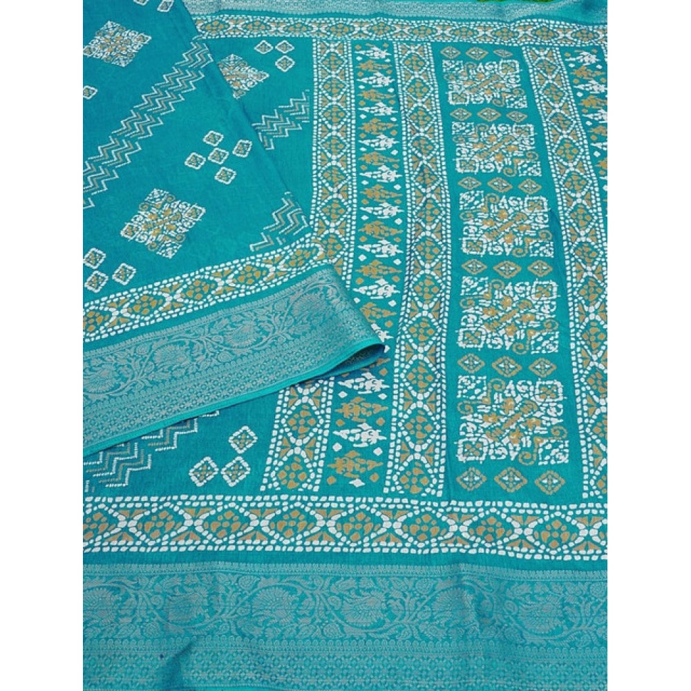 Women's Cotton Silk Printed Saree With Unstitched Blouse 5.5Mtr (Teal)
