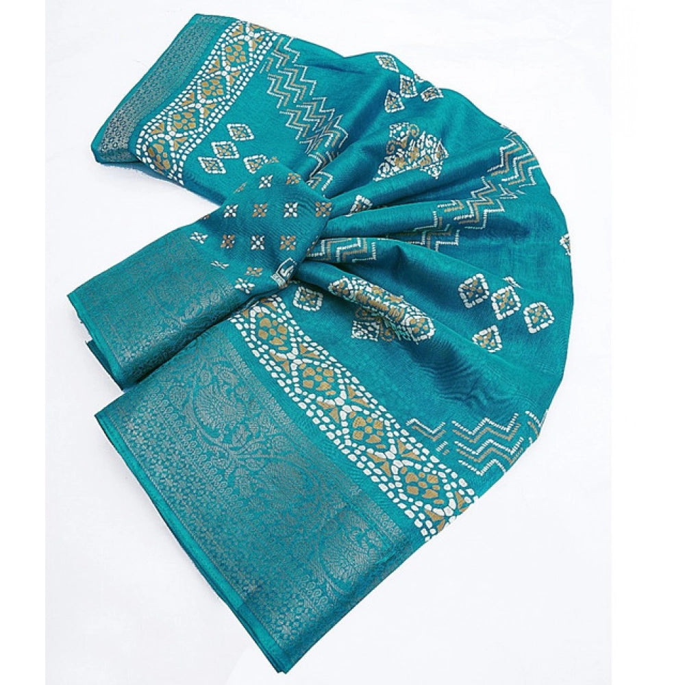 Women's Cotton Silk Printed Saree With Unstitched Blouse 5.5Mtr (Teal)