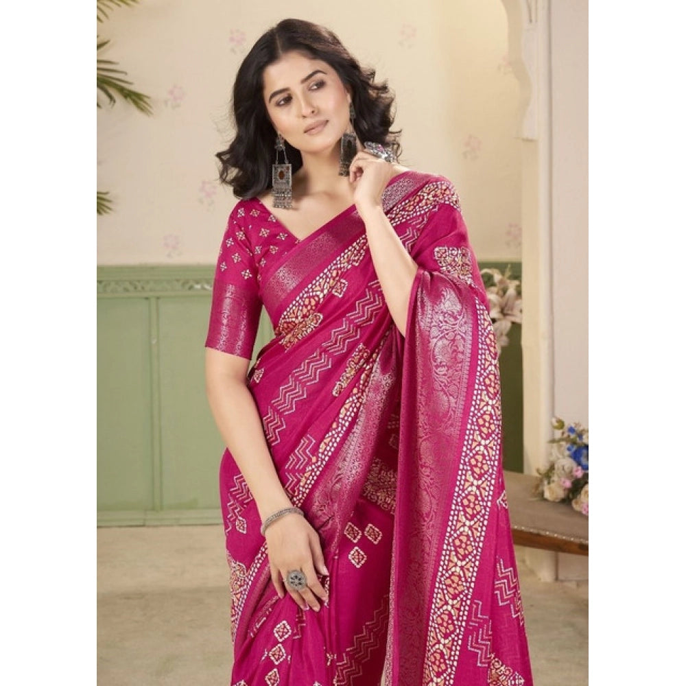 Women's Cotton Silk Printed Saree With Unstitched Blouse 5.5Mtr (Pink)