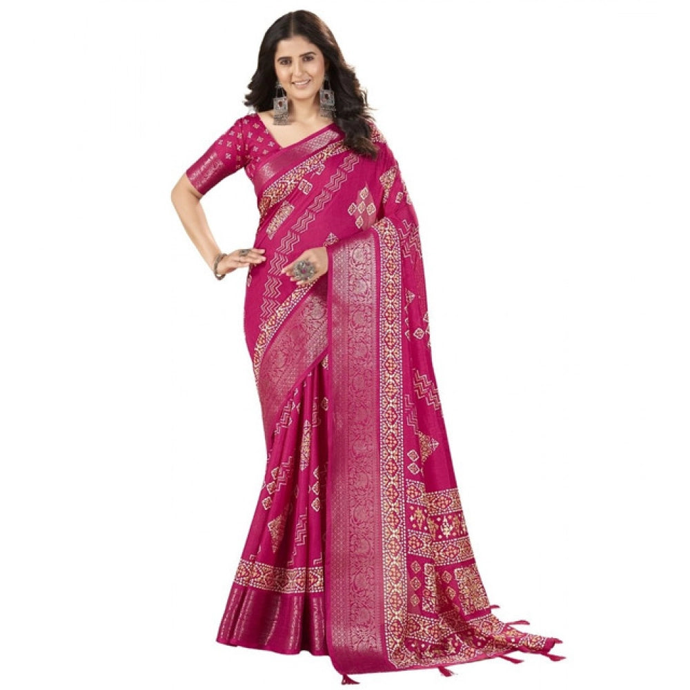 Women's Cotton Silk Printed Saree With Unstitched Blouse 5.5Mtr (Pink)