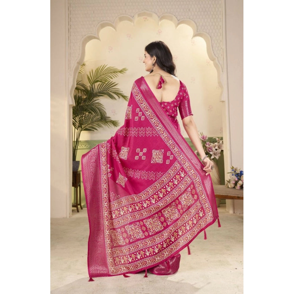 Women's Cotton Silk Printed Saree With Unstitched Blouse 5.5Mtr (Pink)
